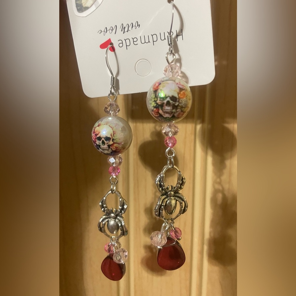 Pink Floral Skull & Spider Dangle Earrings